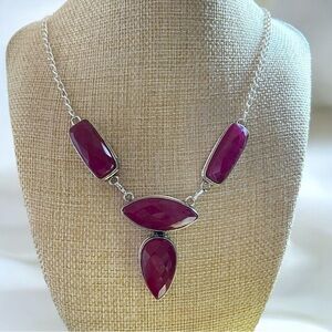 New Enhanced Red Ruby Faceted Multi Cluster Stone Silver Necklace 21”